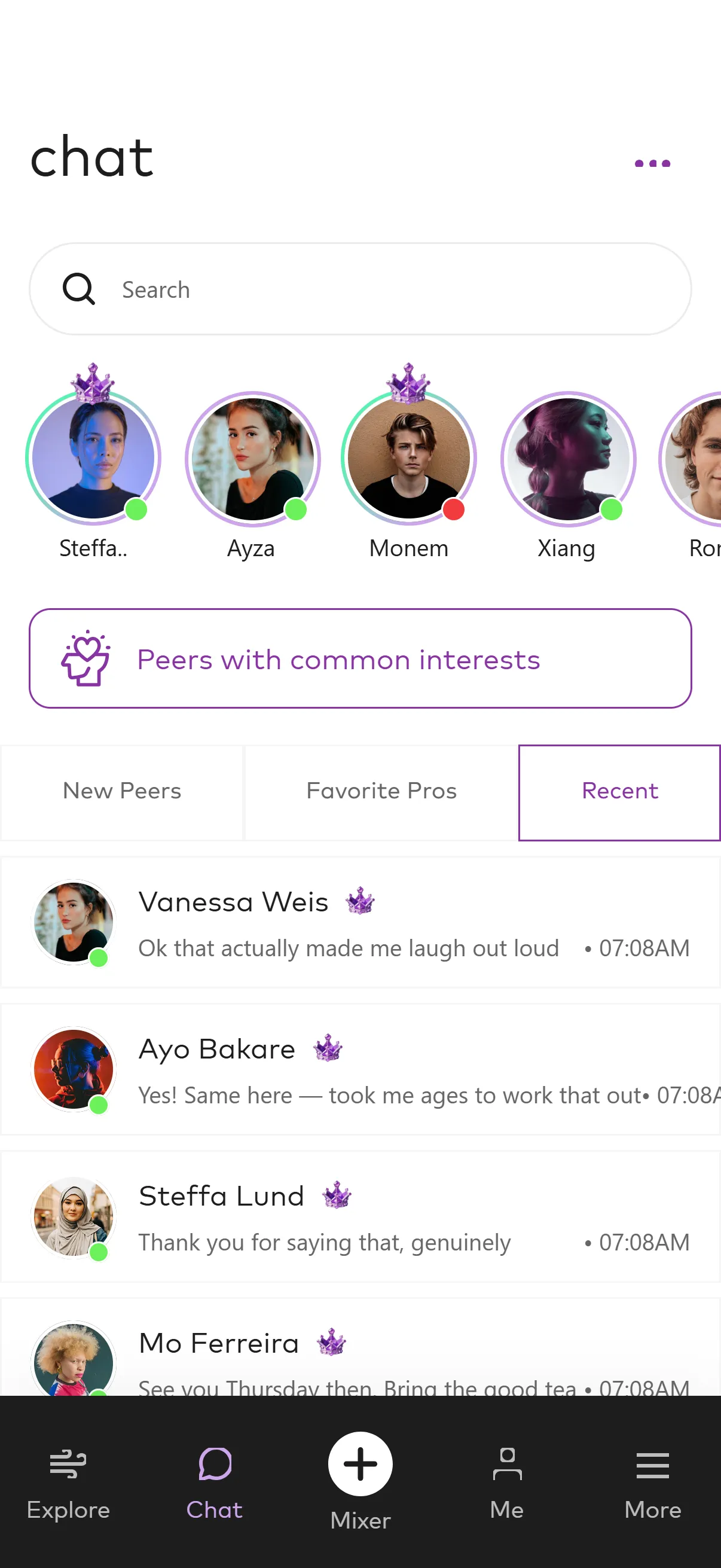 The Gen chat screen: a search bar, a row of verified members, and recent one-to-one conversations.