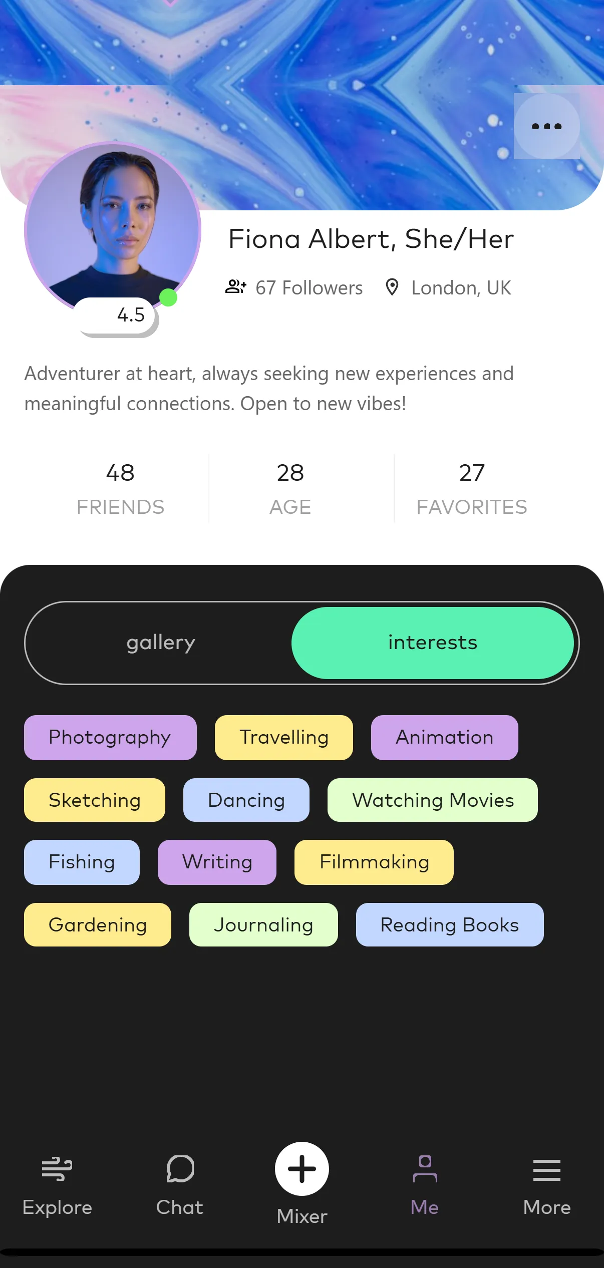 A Gen profile screen showing a member's photo, pronouns, location, bio and a grid of interests.